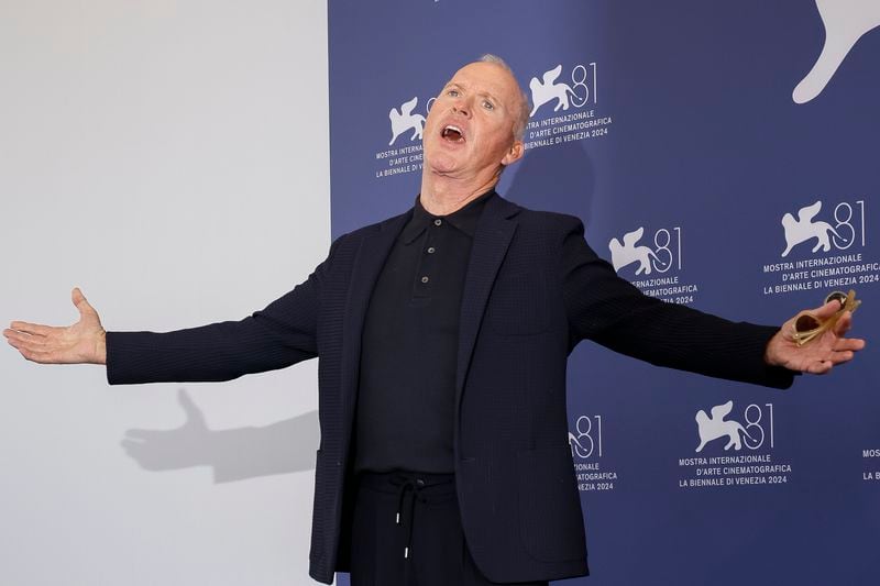 Michael Keaton poses for photographers at the photo call for the film 'Beetlejuice Beetlejuice' during the 81st edition of the Venice Film Festival in Venice, Italy, on Wednesday, Aug. 28, 2024. (Photo by Joel C Ryan/Invision/AP)