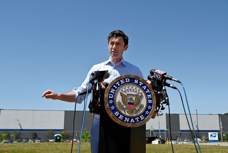 Georgia U.S. Sen.  Jon Ossoff, a Democrat, held a news conference outside the USPS Atlanta Regional Processing Facility in Palmetto in May.