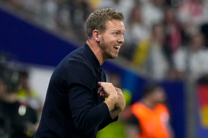 Germany's head coach Julian Nagelsmann gestures during a Group A match between Switzerland and Germany at the Euro 2024 soccer tournament in Frankfurt, Germany, Sunday, June 23, 2024. (AP Photo/Frank Augstein)