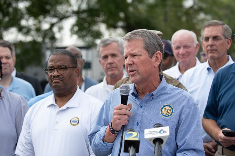 Georgia Gov. Brian Kemp gives an update to the media on cleanup efforts from Hurricane Helene at the James Brown Arena in Augusta, Ga. on Sept. 30, 2024. Mike Adams Special to the AJC.