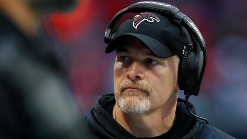 Coach Dan Quinn of the Falcons looks on against the Ravens at Mercedes-Benz Stadium on December 2, 2018.  (Photo by Kevin C. Cox/Getty Images)