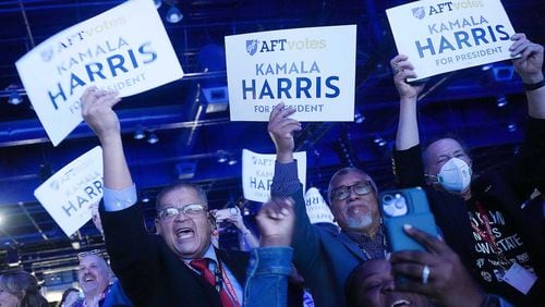 Members of the American Federation of Teachers react as Vice President Kamala Harris addresses the union at George R. Brown Convention Center on Thursday, July 25, 2024 in Houston. (Elizabeth Conley/Houston Chronicle via AP)