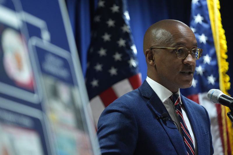 U.S. Attorney Damian Williams speaks about a drug trafficking case during a press conference at Federal Plaza in New York, Monday, Sept. 30, 2024. (AP Photo/Pamela Smith)