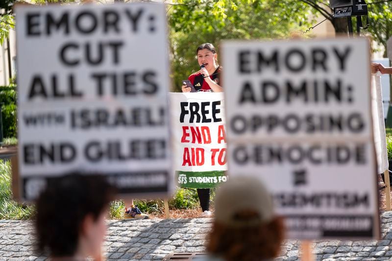A woman named Abby who declined to giver her last name speaks during a protest against the war in Gaza facilitated but Students for Socialism on the Emory campus on Tuesday, April 30, 2024.   (Ben Gray / Ben@BenGray.com)