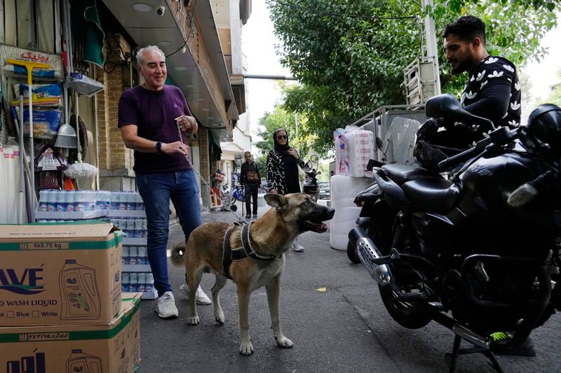 A man walks his dog on a sidewalk in downtown Tehran, Iran, Saturday, June 29, 2024. On July 5, Iran will hold a runoff presidential election this coming Friday to replace the late hard-line President Ebrahim Raisi after an initial vote saw the top candidates not secure an outright win in the lowest turnout poll ever held in the Islamic Republic by percentage. (AP Photo/Vahid Salemi)