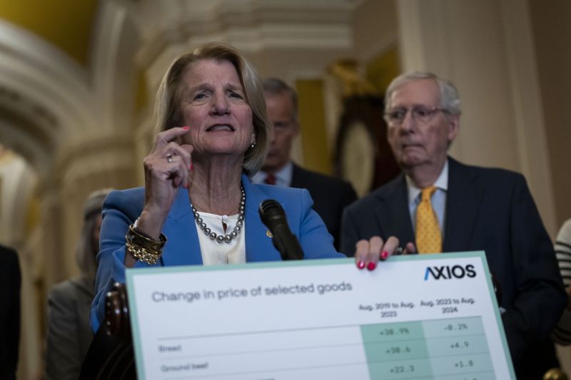 Sen. Shelley Moore Capito, R-W.Va., speaks to the media following the Senate Republican policy luncheon at Capitol Hill in Washington, Tuesday, Sept. 17, 2024. (AP Photo/Ben Curtis)