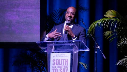 U.S. Sen. Raphael Warnock speaks to the crowd before the premiere of the AJC's documentary "The South Got Something to Say" Thursday, Nov. 2, 2023 at Center Stage in Atlanta.