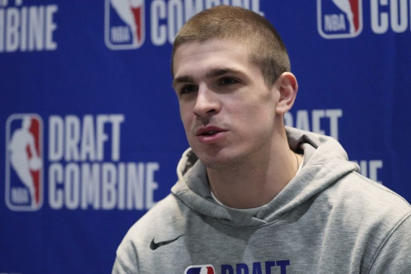 FILE - Nikola Djurisic talks to media during the NBA basketball draft combine in Chicago, on May 14, 2024. (AP Photo/Nam Y. Huh, File)