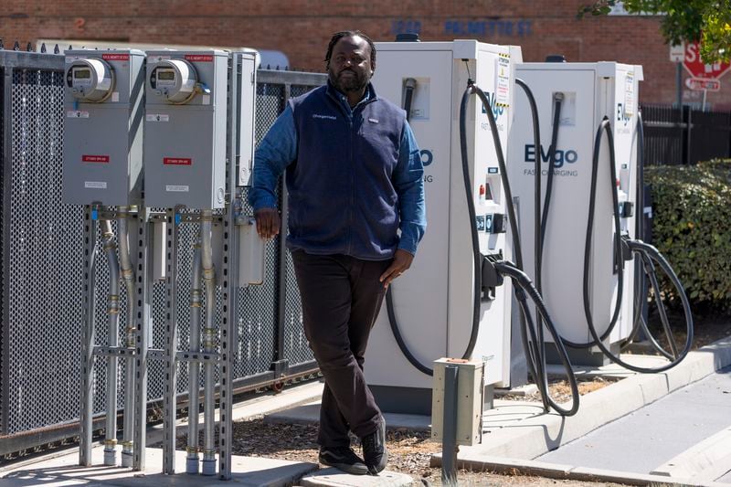 ChargerHelp! Field Service Manager Clyde Ellis poses for a picture at a charging station at La Kretz Innovation Campus in Los Angeles on Thursday, March 14, 2024. (AP Photo/Damian Dovarganes)