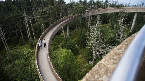 FILE - Members of the media walk down from Clingman's Dome tower while waiting for a total solar eclipse to begin in Great Smoky Mountains National Park at Clingman's Dome, Aug. 21, 2017. (Caitie McMekin/Knoxville News Sentinel via AP, File)