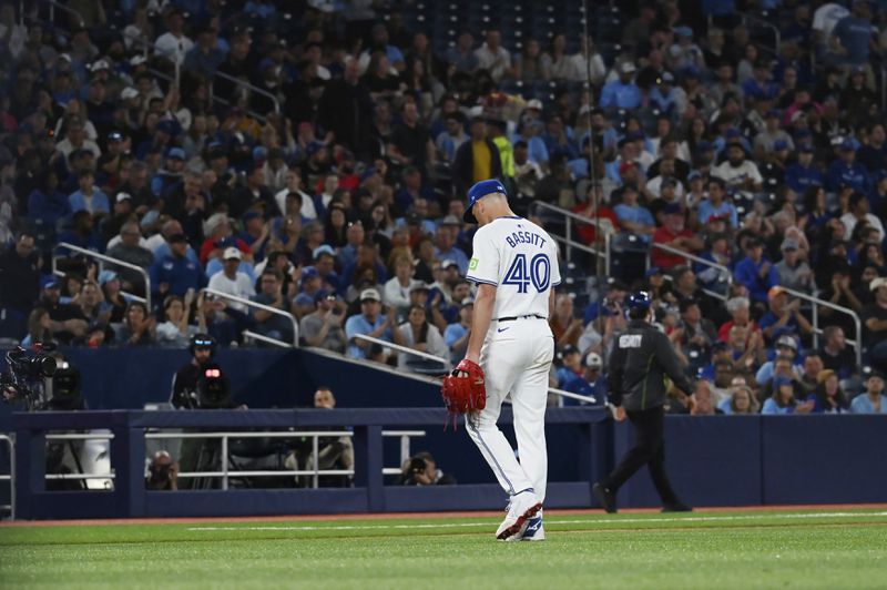 Toronto Blue Jays pitcher Chris Bassitt (40) exits the game against the Philadelphia Phillies in the sixth inning of a baseball game in Toronto on Tuesday Sept. 3, 2024. (Jon Blacker/The Canadian Press via AP)