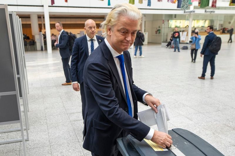 Anti-Islam lawmaker Geert Wilders of the PVV, or Party for Freedom, casts his ballot for the European election in The Hague, Netherlands, Thursday, June 6, 2024. Voters in the European Union are set to elect lawmakers starting Thursday June 6th for the bloc's parliament. (AP Photo/Peter Dejong)