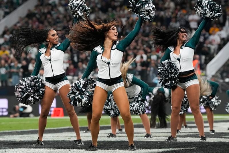 Philadelphia Eagles cheerleaders perform during the first half of an NFL football game Green Bay Packers, Friday, Sept. 6, 2024, at the Neo Quimica Arena in Sao Paulo. (AP Photo/Doug Benc)