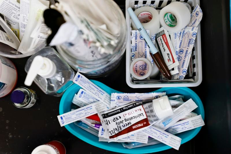 Various medical supplies sit on a table at Women’s Feminist Health Center in Atlanta on Wednesday, August 17, 2022. (Natrice Miller/natrice.miller@ajc.com)