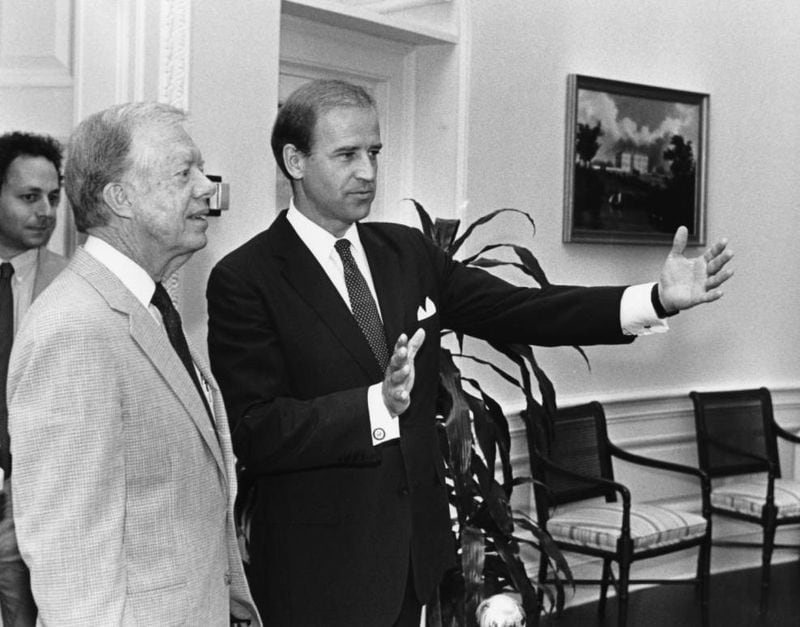 Former President Jimmy Carter with Senator Joe Biden at the Carter Center in June 1987. Steve Deal/AJC