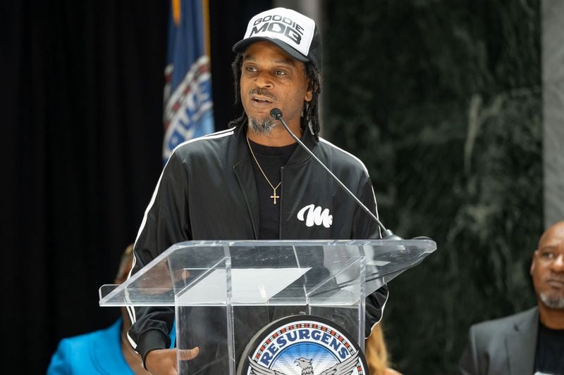 T-Mo of Goodie Mob, whose given name is Robert Barnett, speaks about Rico Wade's legacy at the Rico Wade Music Executive Training Program Commencement Ceremony in City Hall.