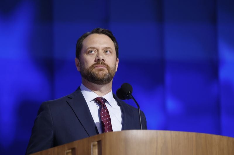 Jason Carter,grandson of President Jimmy Carter speaks on the second day of the Democratic National Convention in Chicago on Tuesday, Aug. 20, 2024. (Arvin Temkar/AJC)