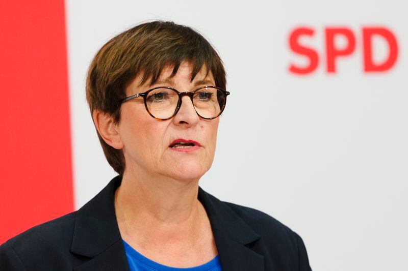 Saskia Esken co-party leader of Chancellor Olaf Scholze's Social Democratic Party, SPD, speaks to media at the party's headquarters in Berlin, Germany, Monday, Sept. 2, 2024. The Alternative for Germany, or AfD, became the first far-right party to win a state election in post-World War II Germany in Thuringia on Sunday. (AP Photo/Markus Schreiber)