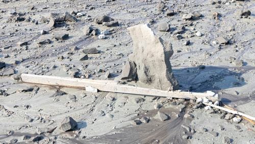 This images released by the National Park Service shows debris from a boardwalk, damaged by a hydrothermal explosion at Biscuit Basin, in Yellowstone National Park, Wyo., on Wednesday, July 24, 2024. (Jacob W. Frank/National Park Service via AP)