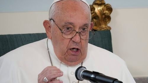 ALTERNATIVE CROP OF GB112 - Pope Francis delivers his message during a meeting with the authorities and the civil society in the Grande Galerie of the Castle of Laeken, Brussels, Friday, Sept. 27, 2024. (AP Photo/Andrew Medichini)