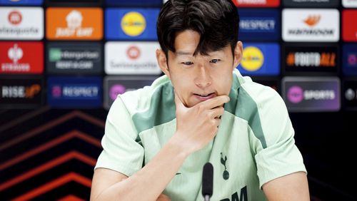 Tottenham Hotspur's Son Heung-Min, gestures during a press conferece, at Hotspur Way Training Ground, in London, Wednesday, Sept. 25, 2024, ahead of their Europa League soccer match against Qarabağ FK on Thursday. (Zac Goodwin/PA via AP)