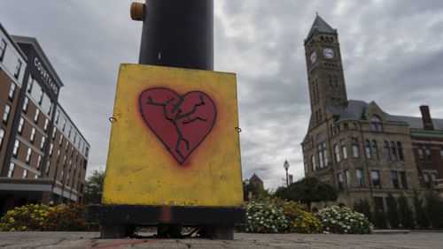 An image of a broken heart across the street from the Springfield, Ohio, City Hall, on Sept. 17, 2024. (Carolyn Kaster/AP)