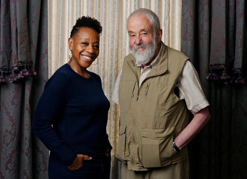 Mike Leigh, right, writer/director of the film "Hard Truths," poses with cast member Marianne Jean-Baptiste during the Toronto International Film Festival, Saturday, Sept. 7, 2024, in Toronto. (AP Photo/Chris Pizzello)