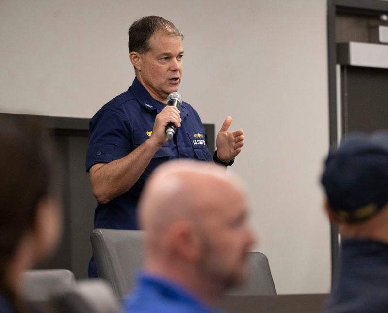 USCG Captain Jason Franz, captain of the Port of Houma, Morgan City and Lafayette, speaks during a meeting at the Morgan City EOC, Friday, Sept. 13, 2024. (Hilary Scheinuk/Pool Photo/The Advocate via AP, Pool)