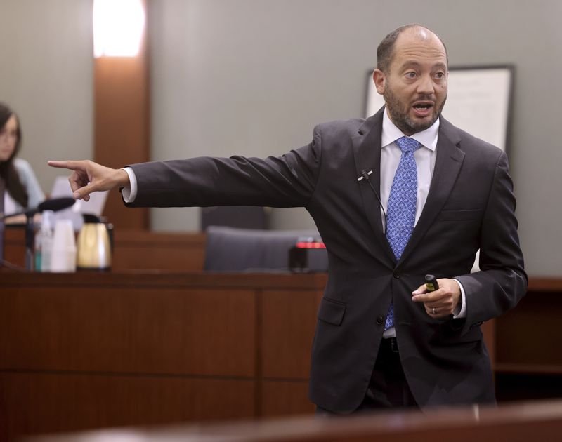 Chief Deputy District Attorney Christopher Hamner gives his closing argument during the murder trial for Robert Telles, a former Clark County public administrator charged in the murder of Las Vegas Review-Journal investigative journalist Jeff German, at the Regional Justice Center in Las Vegas, Monday, Aug. 26, 2024. (K.M. Cannon/Las Vegas Review-Journal via AP, Pool)