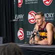 Hawks player Vit Krejci, #27, takes questions during media day. Hawks media day takes place on Monday, Sept 30, 2024 where media outlets including the Associated Press, Getty, NBA and many others gather to take photos, conduct interviews and gather footage.   (Jenni Girtman for The Atlanta Journal-Constitution)