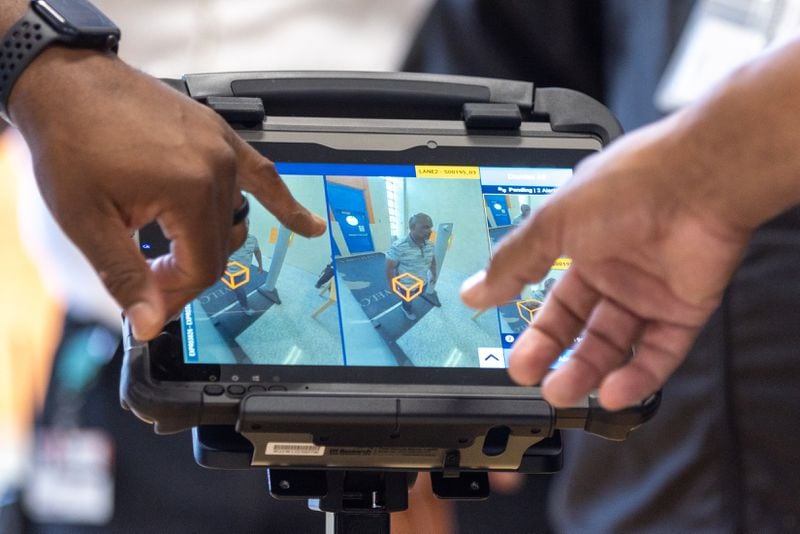 The new Evolv Weapons Detection System detects a weapon during a demonstration at Columbia High School in Decatur on Thursday, Aug. 3, 2023. (Arvin Temkar / arvin.temkar@ajc.com)