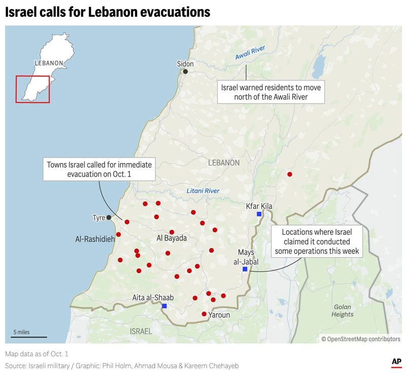 The map above towns in Lebanon ordered to evacuate on Oct. 1 and also where Israel claims to have conducted operations this week. (AP Digital Embed)