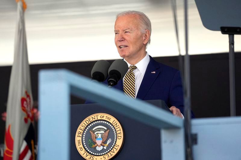 President Joe Biden speaks to graduating cadets at the U.S. Military Academy commencement ceremony, Saturday, May 25, 2024, in West Point, N.Y. (AP Photo/Alex Brandon)