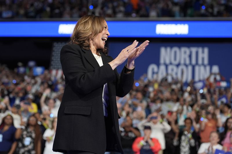 Democratic presidential nominee Vice President Kamala Harris departs after speaking at a campaign event, Thursday, Sept. 12, 2024, in Greensboro, N.C. (AP Photo/Chris Carlson)