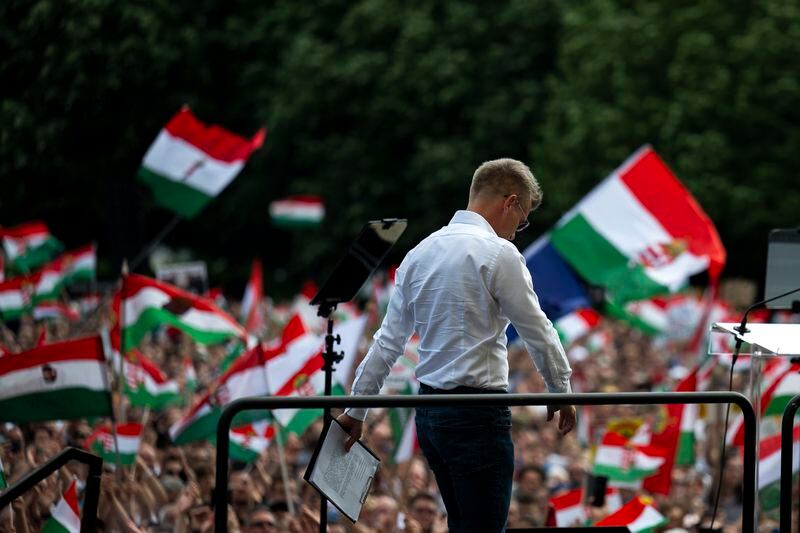 Péter Magyar, a rising challenger to Hungarian Prime Minister Viktor Orbán, enters the stage at a campaign rally in the rural city of Debrecen, Hungary, on May 5, 2024. Magyar, 43, seized on growing disenchantment with the populist Prime Minister Viktor Orbán, building a political movement that in only a matter of weeks looks poised to become Hungary's largest opposition force. (AP Photo/Denes Erdos)