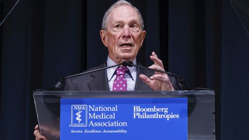 Michael Bloomberg announces his organization, Bloomberg Philanthropies, will give $600 million to the endowments of the four historically Black medical schools at the National Medical Association convention, Tuesday Aug. 6, 2024, in New York (AP Photo/Kena Betancur)