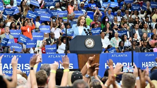 Vice President Kamala Harris speaks at a rally at the Georgia State University’s convocation center in Atlanta on July 30, 2024. Harris will return to Atlanta on Friday. (Hyosub Shin/AJC)