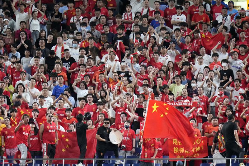 Supporters for Chinese team cheer during a World Cup and AFC Asian Qualifier between Japan and China at Saitama Stadium 2002 in Saitama, north of Tokyo, Thursday, Sept. 5, 2024.(AP Photo/Shuji Kajiyama)