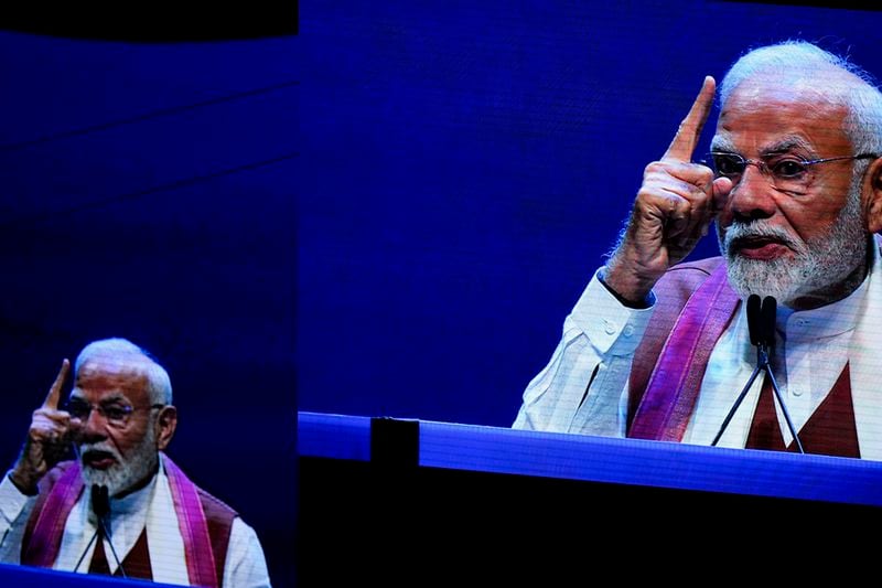 Narendra Modi, Prime Minister of India, speaks at an event in Uniondale, N.Y., Sunday, Sept. 22, 2024. (AP Photo/Seth Wenig)