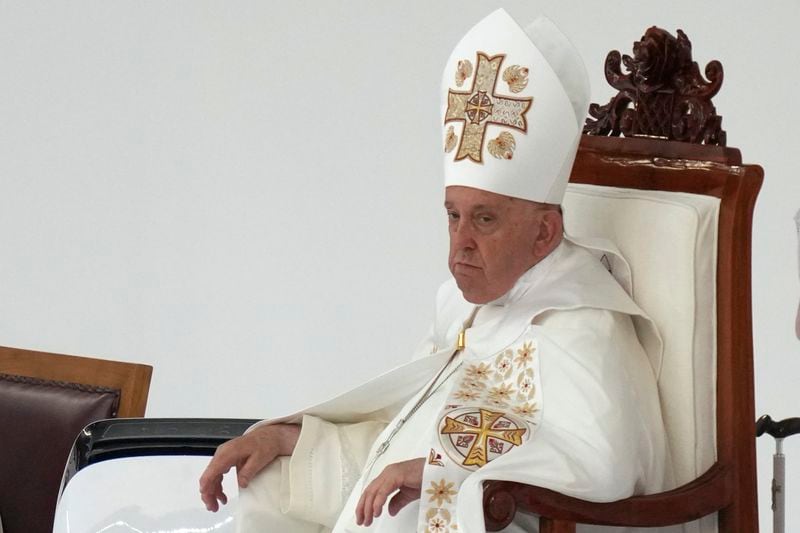 Pope Francis leads the holy mass at Gelora Bung Karno Stadium in Jakarta, Indonesia, Thursday, Sept. 5, 2024. (AP Photo/Dita Alangkara, Pool)