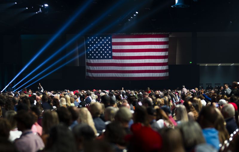 
                        Attendees for Donald Trump’s speech at the Turning Point Believers' Summit, in West Palm Beach, Fla., on Friday, July 26, 2024. Trump told supporters here that if they voted him into office in November, they would never need to vote again. “Christians, get out and vote. Just this time,” he said. “You won’t have to do it anymore, you know what? Four more years, it’ll be fixed, it’ll be fine, you won’t have to vote anymore, my beautiful Christians.” (Doug Mills/The New York Times)
                      