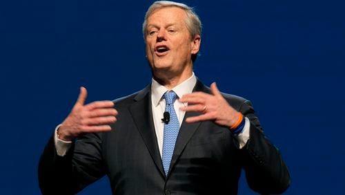 FILE -NCAA President Charlie Baker speaks as he gives his state of college sports address at the association's annual convention Wednesday, Jan. 10, 2024, in Phoenix. (AP Photo/Ross D. Franklin, File)