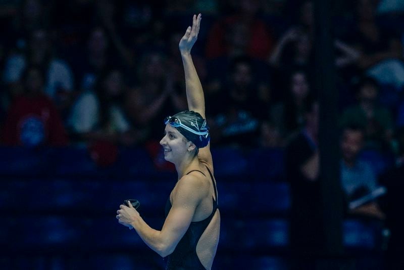 Kate Douglass waves after the Women's 200 breaststroke finals Thursday, June 20, 2024, at the US Swimming Olympic Trials in Indianapolis. (AP Photo/Darron Cummings)