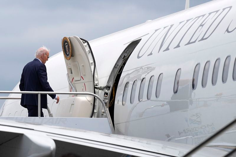President Joe Biden boards Air Force One at LaGuardia International Airport, Saturday, June 29, 2024, in New York. (AP Photo/Evan Vucci)