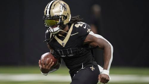 New Orleans Saints running back Alvin Kamara (41) before an NFL football game in New Orleans, Sunday, Sept. 22, 2024. The Eagles won 15-12. (AP Photo/Gerald Herbert)