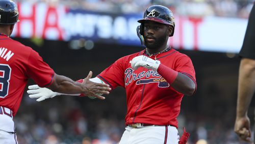 Atlanta Braves center fielder Michael Harris II reacts after hitting a single during the first inning against the Tampa Bay Rays at Truist Park, Friday, June 14, 2024, in Atlanta. Harris got injured during the first inning shortly after this hit. The Braves won 7-3. (Jason Getz / AJC)

