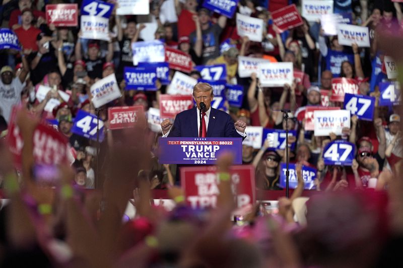 Republican presidential nominee former President Donald Trump speaks at a campaign rally at the Mohegan Sun Arena at Casey Plaza, Saturday, Aug. 17, 2024, in Wilkes-Barre, Pa. (AP Photo/Carolyn Kaster)