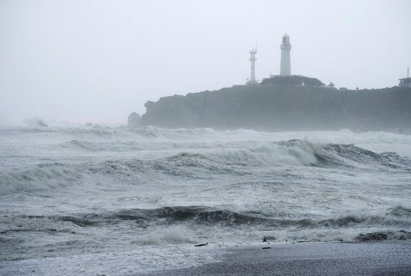 High waves hit a beach in Choshi, Chiba prefecture, east of Tokyo, as Typhoon Ampil moved past the area, Friday, Aug. 16, 2024. (Kyodo News via AP)