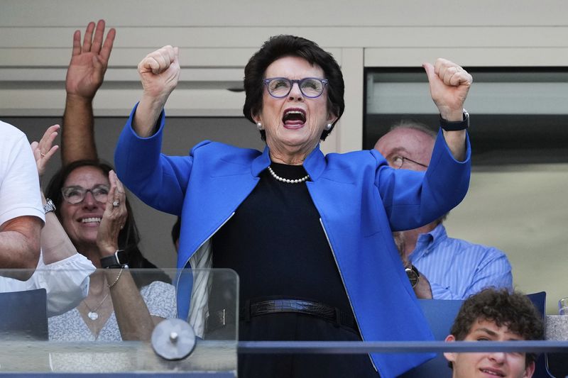 Tennis legend Billie Jean King cheers during a match between Jessica Pegula, of the United States, and Daria Snigur, of Ukraine, in the fourth round of the U.S. Open tennis championships, Monday, Sept. 2, 2024, in New York. (AP Photo/Kirsty Wigglesworth)