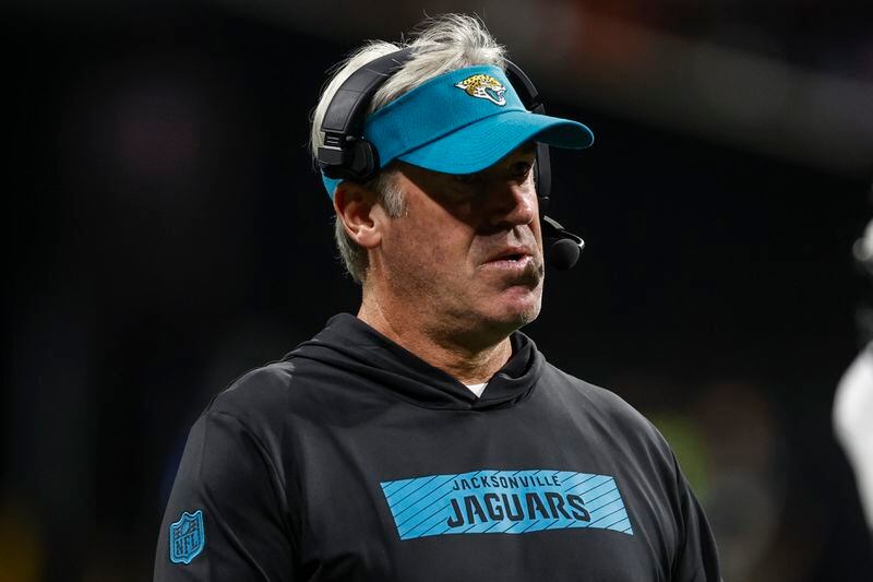 Jacksonville Jaguars head coach Doug Pederson watches play against the Jacksonville Jaguars in the second half of an NFL preseason footballl game, Friday, Aug. 23, 2024, in Atlanta. (AP Photo/Butch Dill)